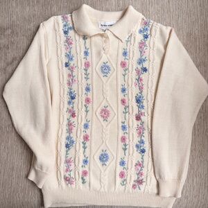 Alfred Dunner Cream Sweater with Floral Embroidery